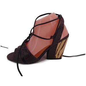 Anthropologie Faryl Robin Caley Lace Up Ankle Tie Heels 9.5 Chunky Heel Laser